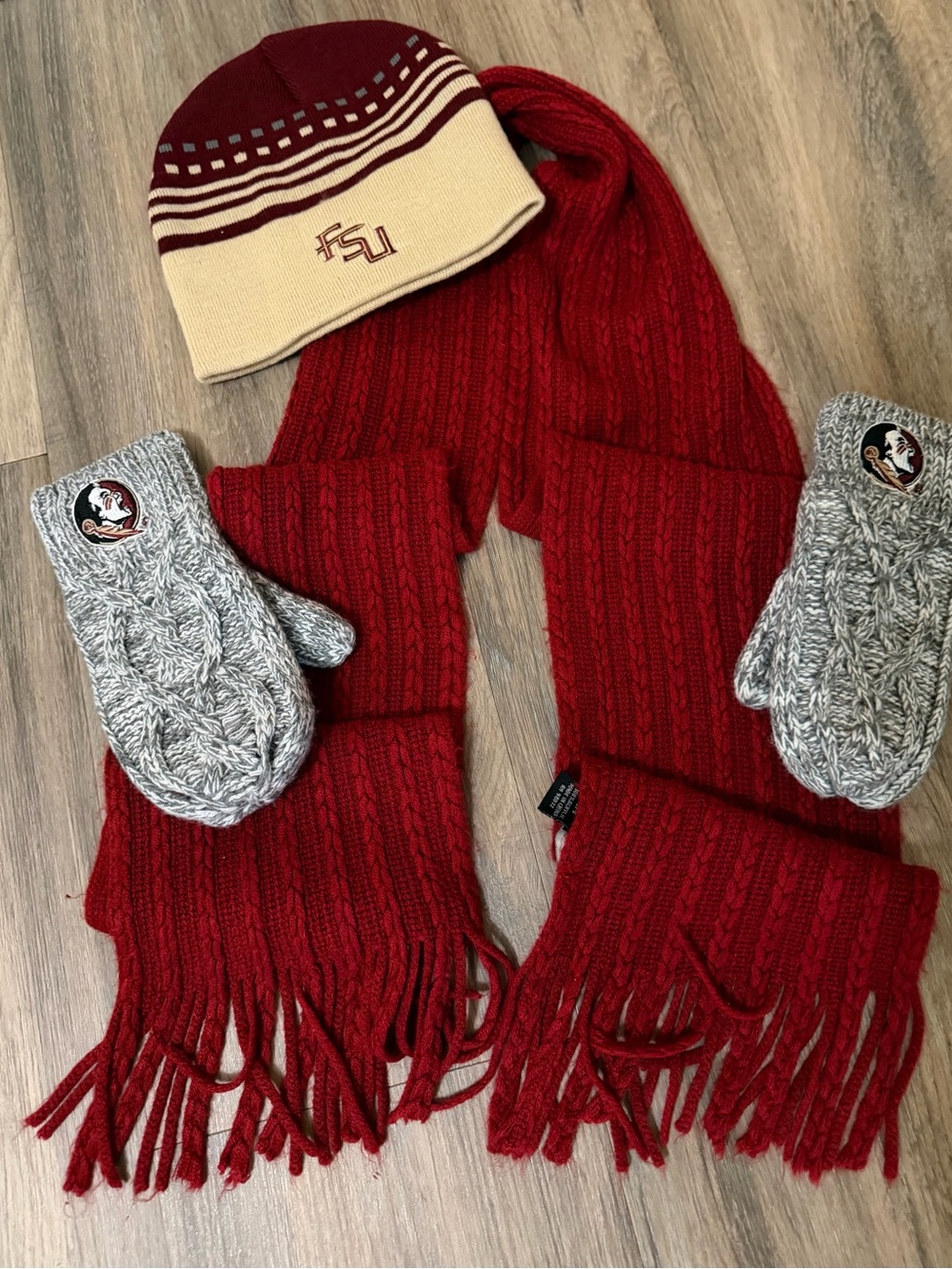 Ladies Beanie, Scarf & Mitten Set in Garnet and Cream